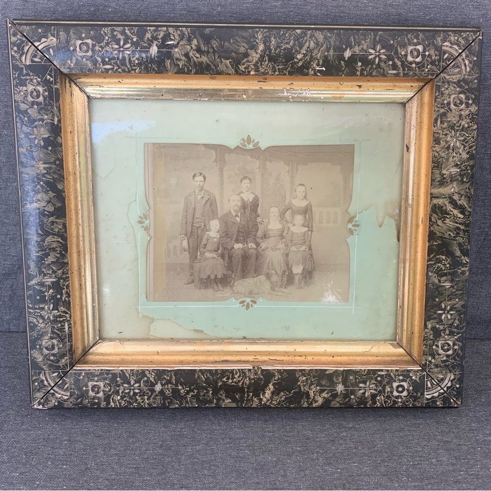 Antique Etched Italian Ebony Frame Carved Wood Victorian Family Photograph